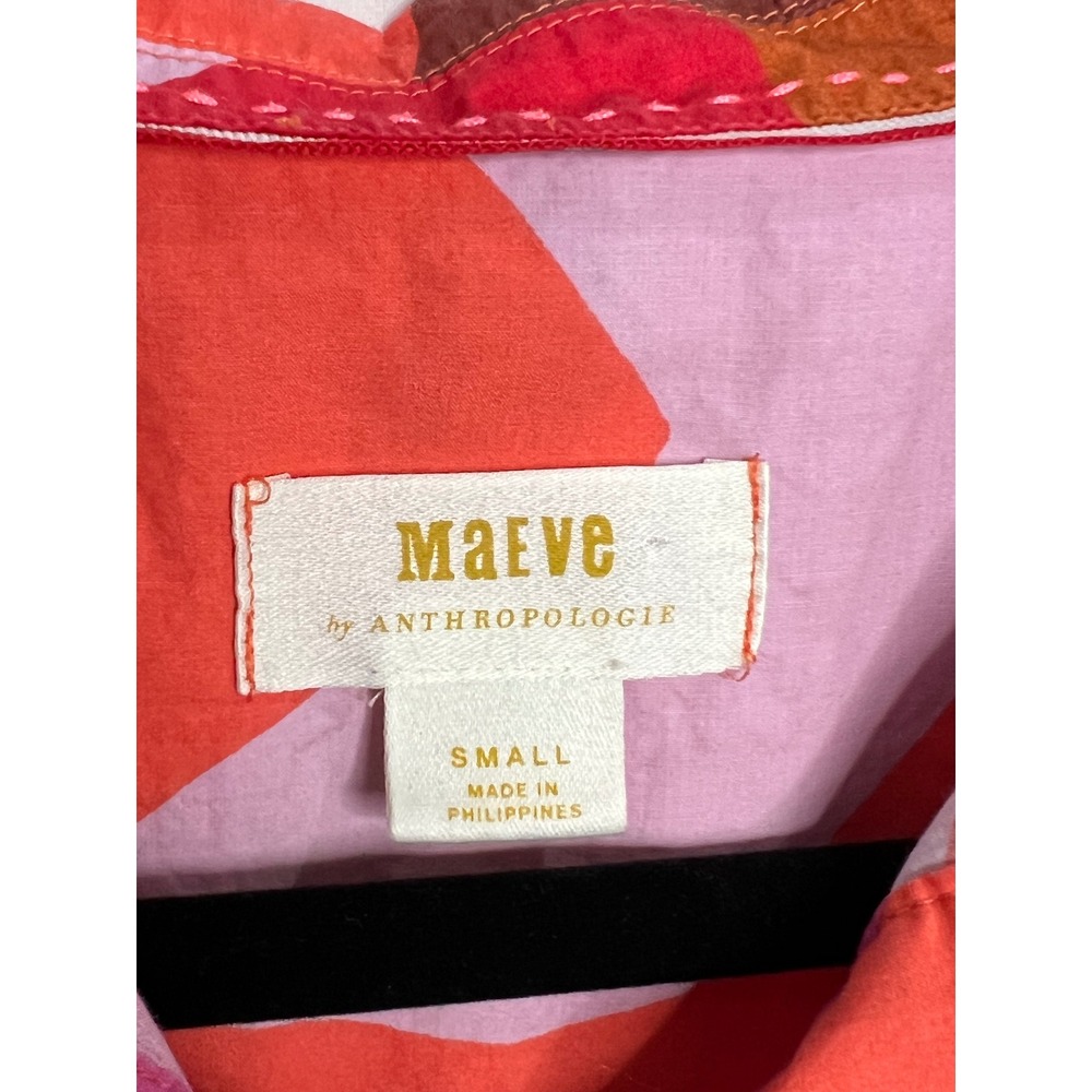 Anthropologie Maeve Breezy Popover Blouse S Cotton Long Slv Geometric Red Pink - Picture 5 of 13
